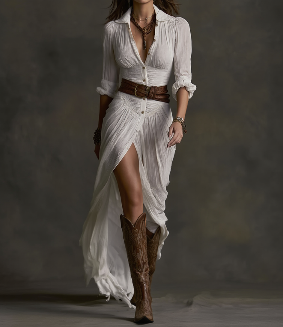 Alvea™ Vestido Largo de Lino con Cuello Invertido