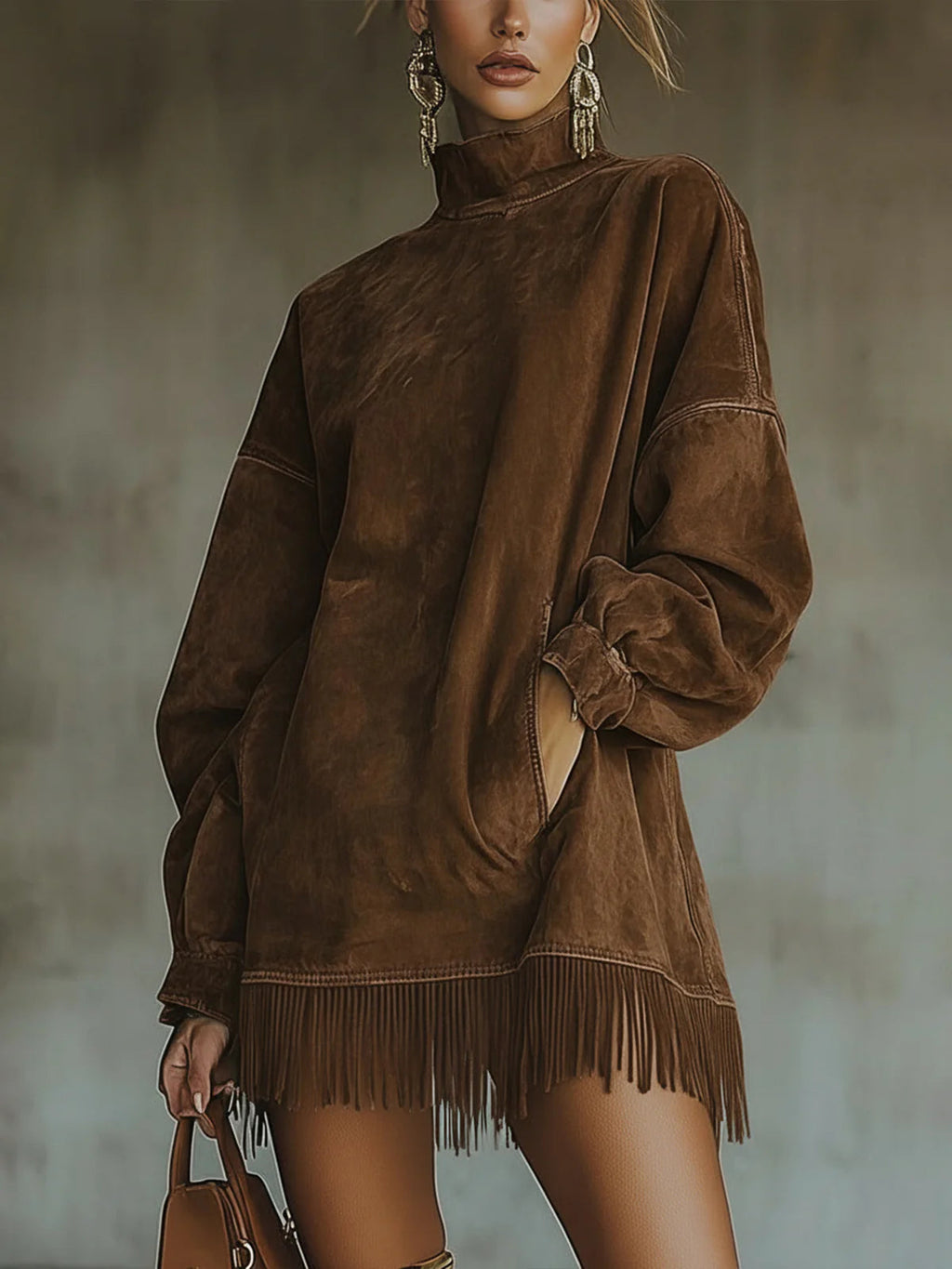 Alvea™ Vestido de ante con cuello alto y flecos