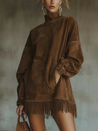 Alvea™ Vestido de ante con cuello alto y flecos